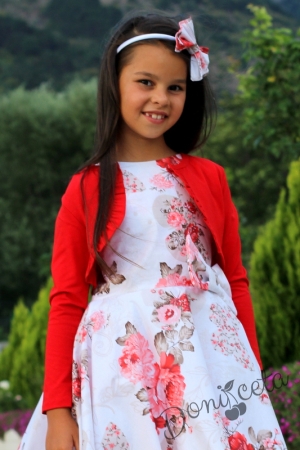 Комплект от детска рокля в бяло с цветя в червено тип клош с болеро в червено Кристин 