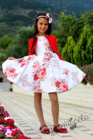 Комплект от детска рокля в бяло с цветя в червено тип клош с болеро в червено Кристин 