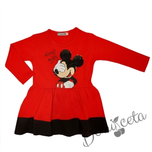 Детска рокля с дълъг ръкав в червено и черно с Мики Маус с пайети