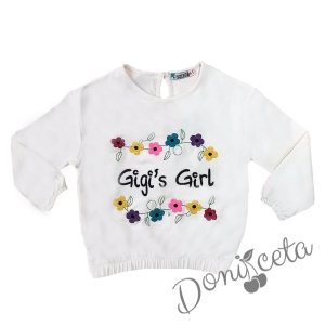 Детска блуза с дълъг ръкав за момиче в екрю с цветя