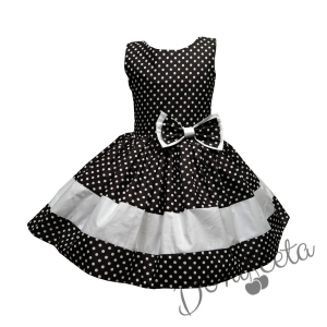 Официална или ежедневна детска рокля в черно на бели точки от памук с тюл отдолу