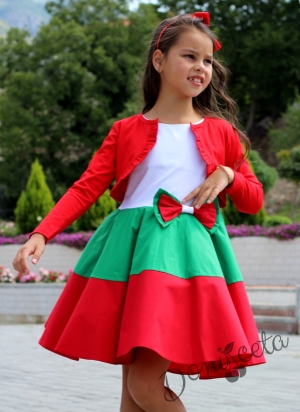 Детска рокля в бяло, зелено и червено тип клош с болеро в червено