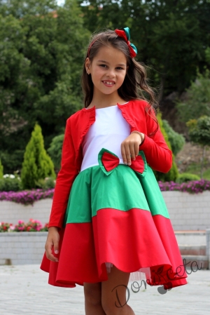 Детска рокля в бяло, зелено и червено тип клош с болеро в червено