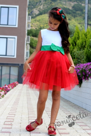 Комплект от детска рокля в бяло, зелено и червено с тюл с болеро в червено