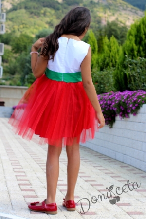 Комплект от детска рокля в бяло, зелено и червено с тюл с болеро в червено