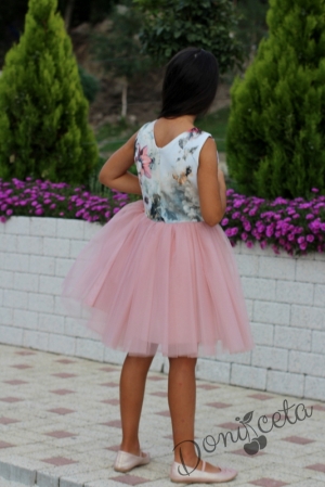 Детска официална рокля на цветя с тюл в пепел от рози Амелия
