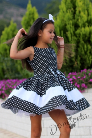 Детска официална рокля в черно на бели точки от памук с тюл отдолу Глория