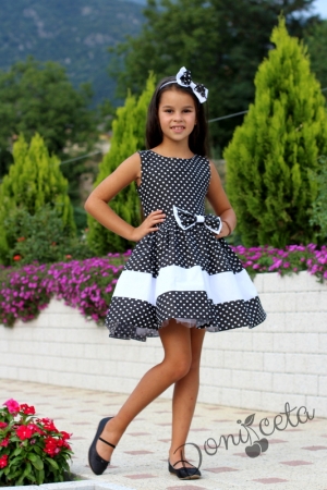 Детска официална рокля в черно на бели точки от памук с тюл отдолу Глория