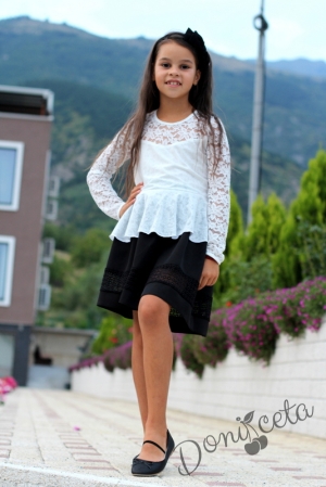 Комплект от детска риза/блуза с дълъг ръкав в бяло с права пола в черно Алма