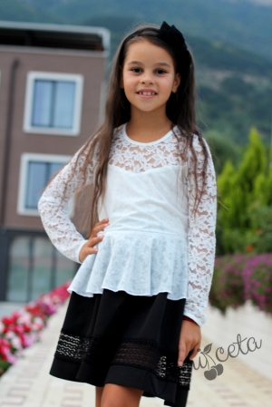 Комплект от детска риза/блуза с дълъг ръкав в бяло с права пола в черно Алма