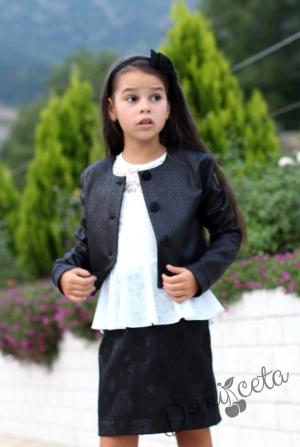 Детски комплект от 3 части-детска риза/блуза с дълъг ръкав  Алма в бяло с права пола в черно и късо сако с копчета