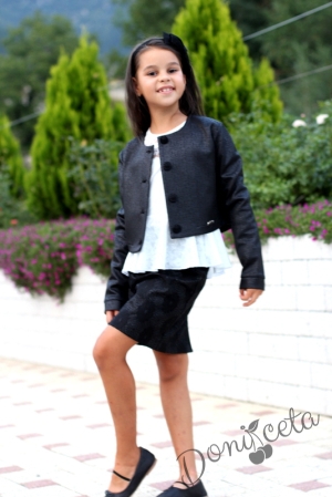 Детски комплект от 3 части-детска риза/блуза с дълъг ръкав  Алма в бяло с права пола в черно и късо сако с копчета