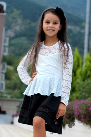 Комплект от 3 части- детска риза/блуза с дълъг ръкав в бяло  Алма с пола в черно и късо сако