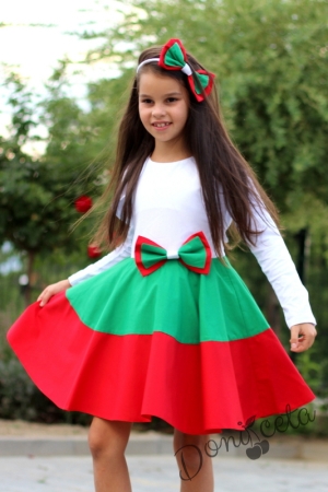 Детска рокля в бяло, зелено и червено тип клош с болеро в бяло