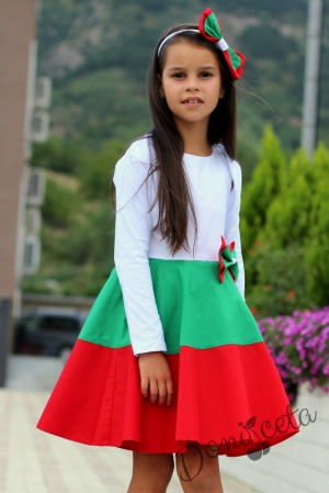 Детска рокля в бяло, зелено и червено тип клош с болеро в бяло