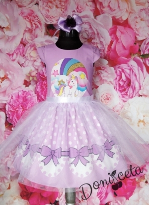 Официална детска рокля с Еднорог в лилаво с тюл