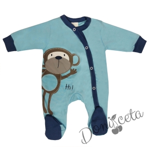 Бебешки гащеризон с дълъг ръкав в синьо с маймунка за момче