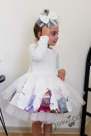 Детска рокля в мръсно бяло с Анна и Елза с панделка за коса