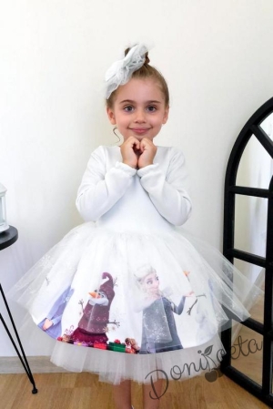 Детска рокля в мръсно бяло с Анна и Елза с панделка за коса