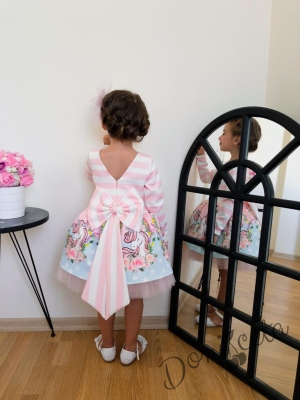 Детска рокля с дълъг ръкав  в розово с Пони/Еднорог  в комплект с панделка за коса