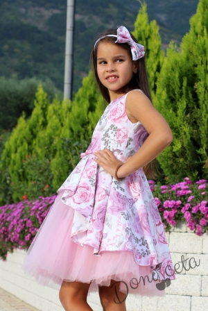 Детска официална рокля Надежда с розови и пепел от рози цветя тип клош  с тюл 