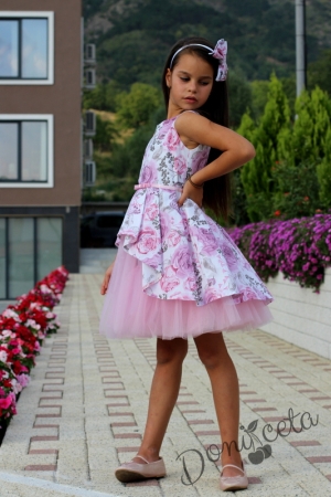Детска официална рокля Надежда с розови и пепел от рози цветя тип клош  с тюл 