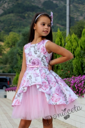Детска официална рокля с розови и пепел от рози цветя тип клош  с тюл Кларина