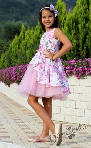 Комплект от официална детска рокля с цветя с тюл Кларина и сако в розово