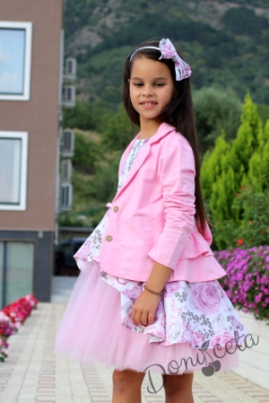 Комплект от официална детска рокля с цветя с тюл Кларина и сако в розово