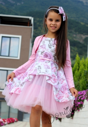 Комплект от официална детска рокля с цветя с тюл Кларина и болеро в розово