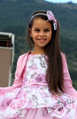 Комплект от официална детска рокля с цветя с тюл Кларина и болеро в розово