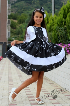 Комплект от детска официална рокля в черно на бели ноти от памук с тюл отдолу Глорина с болеро в бяло