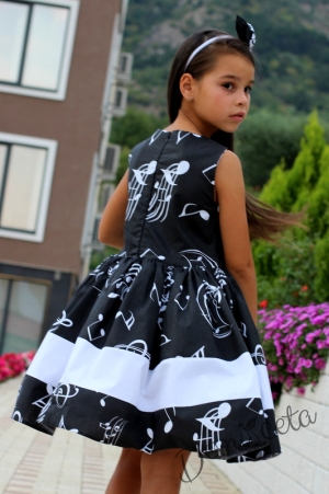 Детска официална рокля в черно на бели ноти от памук с тюл отдолу Глорина