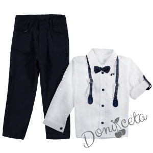  Комплект от детска риза с дълъг ръкав за момче в бяло и  тъмносиньо с панталон