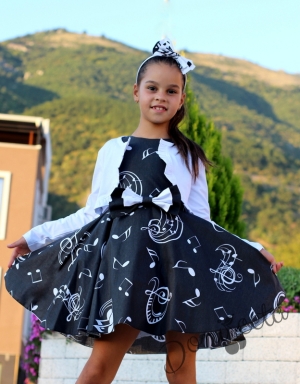 Комплект от детска официална рокля в черно с ноти тип клош Валери с болеро в бяло