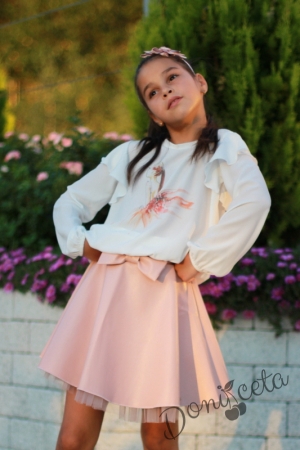 Комплект от детска блуза/риза с дълъг ръкав в екрю с  кожена пола в пепел от рози