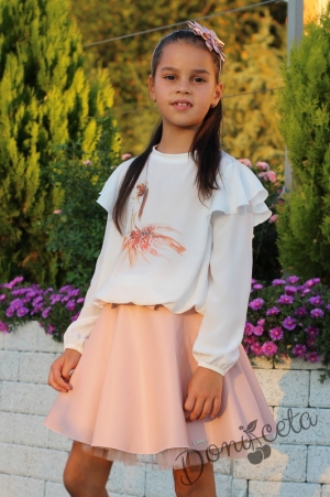 Комплект от детска блуза/риза с дълъг ръкав в екрю с  кожена пола в пепел от рози