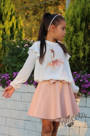 Детска блуза риза с дълъг ръкав в екрю с балеринка