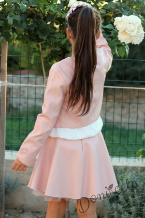 Комплект от блуза с дълъг ръкав, кожена пола и сако в пепел от рози