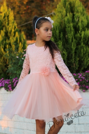 Детска официална рокля с дълъг ръкав в прасковено с дантела и тюл Анисия