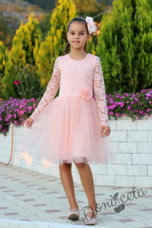 Детска официална рокля с дълъг ръкав в прасковено с дантела и тюл Анисия
