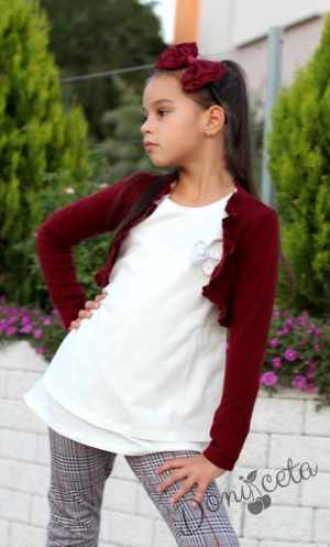 Детски комплект от блуза, кариран панталон и болеро в бордо