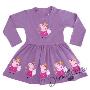 Детска рокля с дълъг ръкав нежен лилав цвят с прасето Пепа