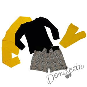 Комплект от 4 части от детска блуза с дълъг ръкав в черно, къси панталони в каре, болеро  в горчица и чорапогащник