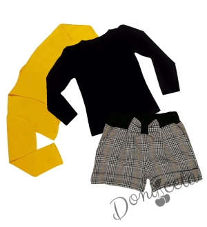 Комплект от 3 части от детска блуза с дълъг ръкав в черно, къси панталони в каре и болеро в горчица