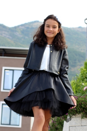 Комплект от детска кожена пола  в чернo и късо кожено яке в черно