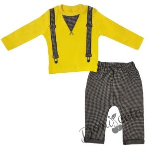 Бебешки комплект от панталон в сиво и блуза с дълъг ръкав в жълто за момче