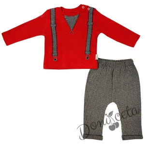 Бебешки комплект от панталон в сиво и блуза с дълъг ръкав в червено за момче
