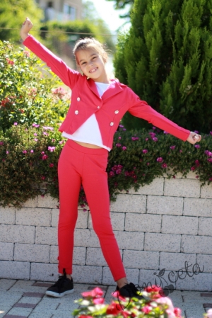 Комплект за момиче от сако, блуза и панталонв цвят диня