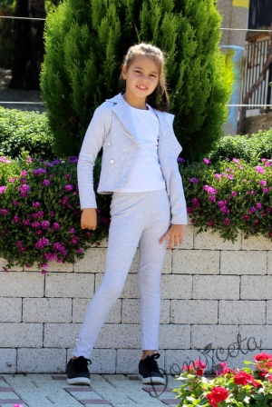 Комплект за момиче от 3 части- сако сиво, блуза в бяло и панталон